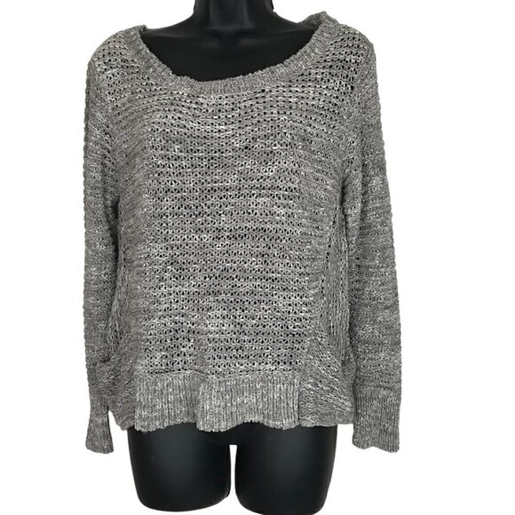 EILEEN Fisher Grey & White Loose  Knit Sweater With Two Front Pockets Size M - Picture 1 of 7